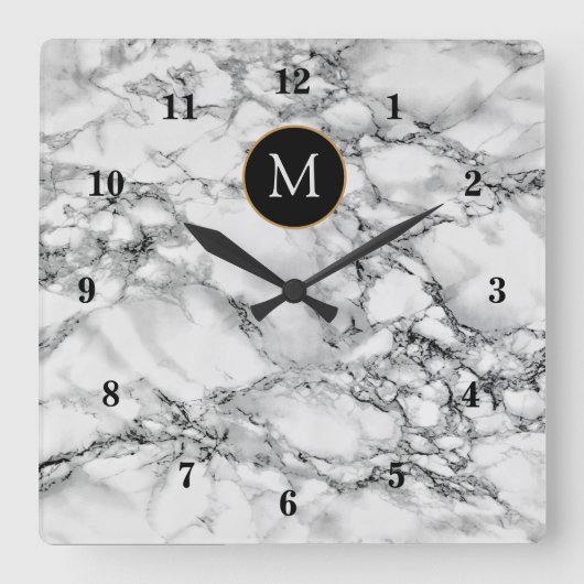 パーソナライズされたYour Letter Wall Clock White Marble スクエア壁時計 (正面)