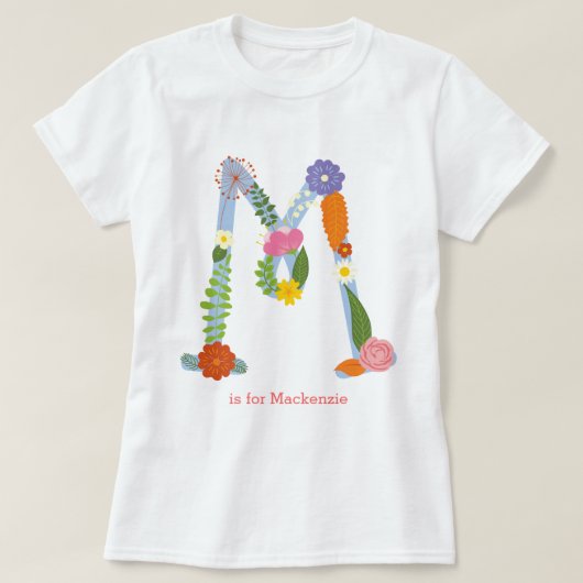 パーソナライズでお洒落な花のモノグラム(m) tシャツ (デザイン正面)