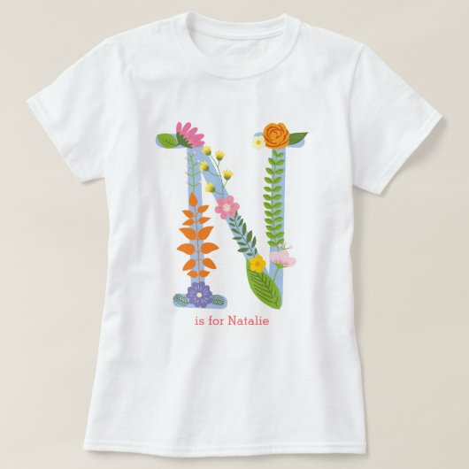 パーソナライズでお洒落な花のモノグラム(n) tシャツ (デザイン正面)