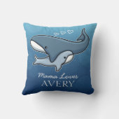 パーソナライズでかわいいお母さんのベビーのクジラは、子供の名前を加えます クッション (裏面)