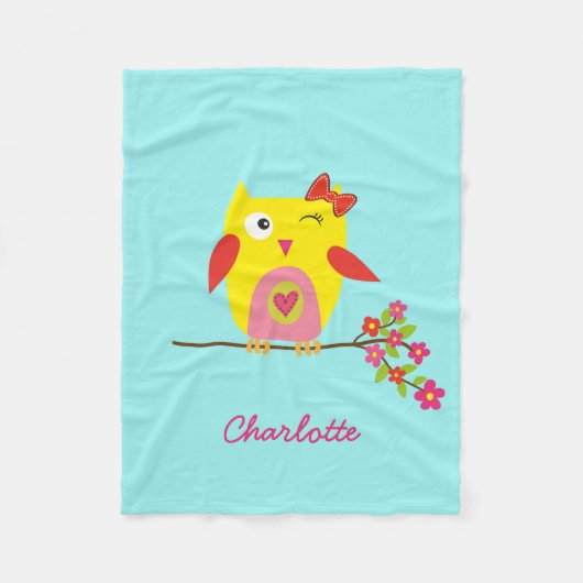 パーソナライズでかわいいフクロウの黄色のピンクのイラストレーション フリースブランケット (正面)