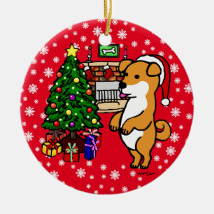 パーソナライズでかわいい柴犬の子犬のクリスマス セラミックオーナメント