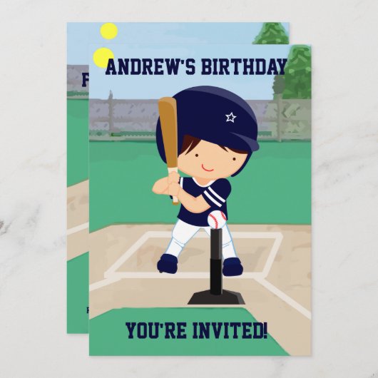 パーソナライズでかわいい野球の漫画プレーヤー 招待状 (正面/裏面)