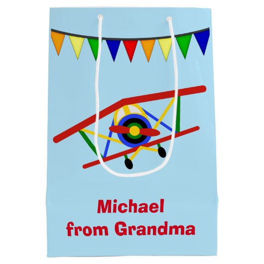 パーソナライズでかわいい飛行機 ミディアムペーパーバッグ (裏面)