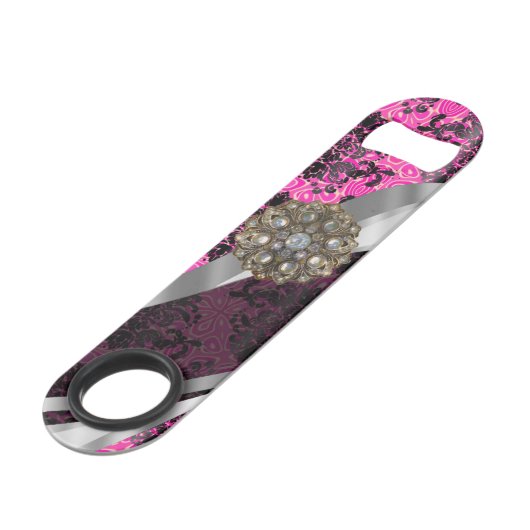 パーソナライズでかわいらしくガーリーな赤紫のダマスク織パターン スピード栓抜き (裏面アングル)