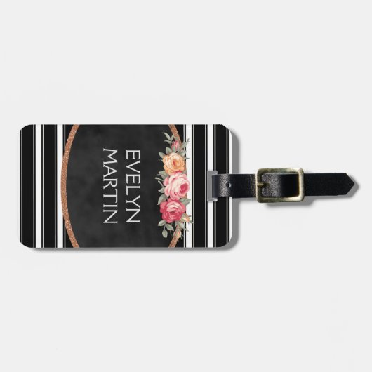 パーソナライズでエレガントなヴィンテージのバラB&Wは縞で飾ります ラゲッジタグ (正面横)