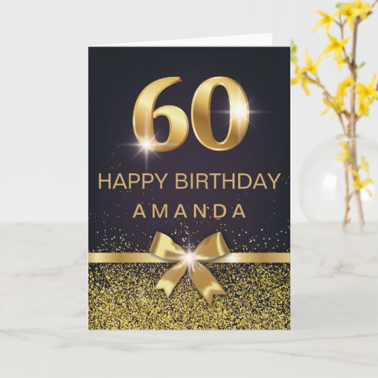 パーソナライズでエレガントな第60誕生日の金ゴールドのグリッター カード (黄色い花)