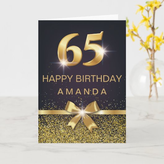 パーソナライズでエレガントな第65誕生日の金ゴールドのグリッター カード (黄色い花)