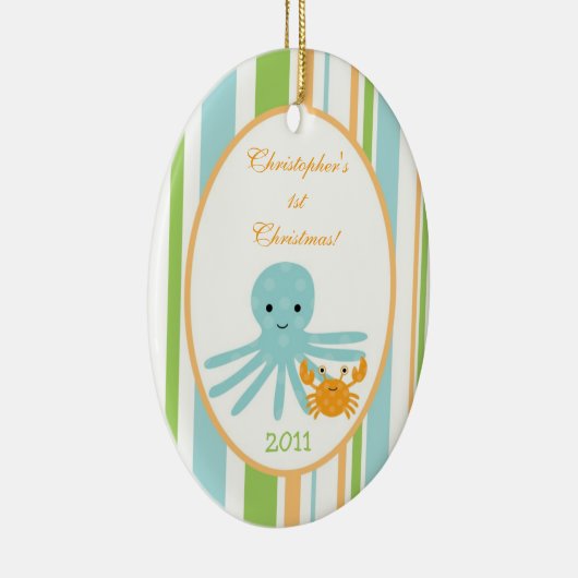 パーソナライズでカスタムなオーナメントのストライプのな海の海 セラミックオーナメント (右)