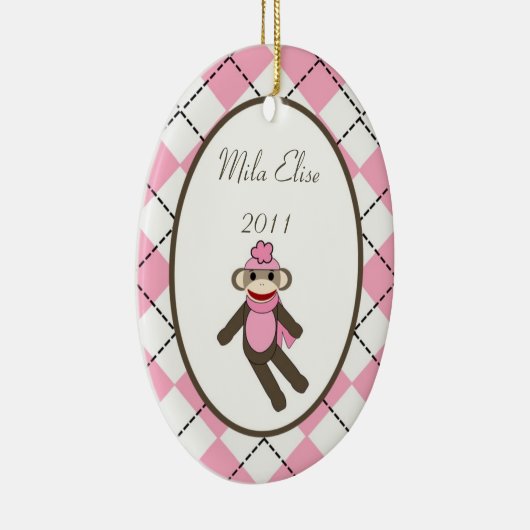 パーソナライズでカスタムなオーナメントのピンクのソックス猿 セラミックオーナメント (右)