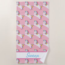 パーソナライズでカラフルな虹のユニコーンのビーチタオル