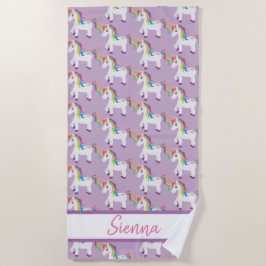 パーソナライズでカラフルな虹のユニコーンのビーチタオル ビーチタオル