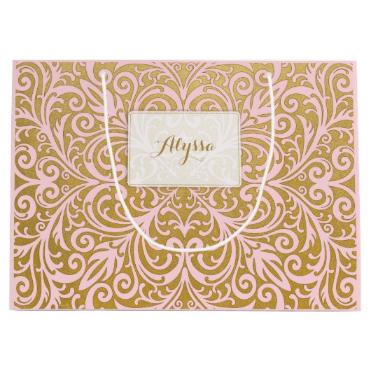 パーソナライズでシックで、魅力的で高級なピンクおよび金ゴールド ラージペーパーバッグ (正面)