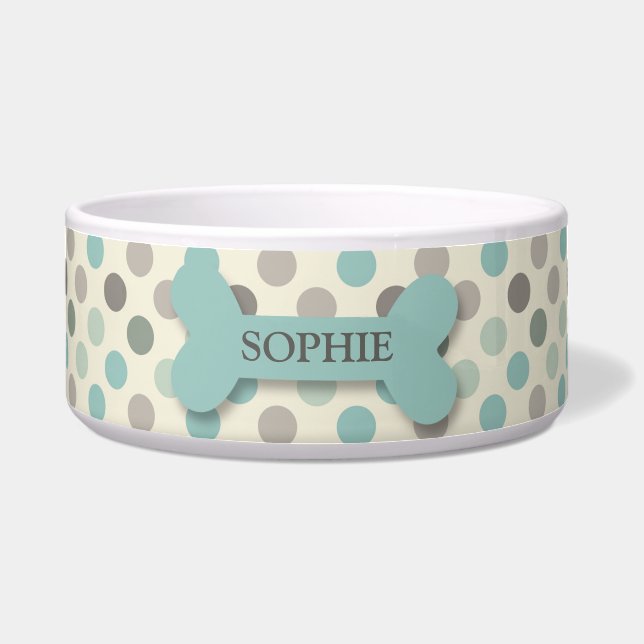 パーソナライズでシックな水玉模様の犬用の骨のペットフードボール ボウル (正面)