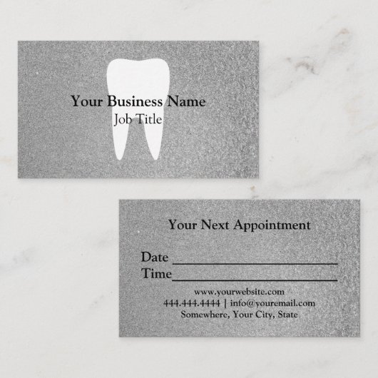 パーソナライズでモダンな銀製のグリッターの歯科医の歯 名刺 (正面/裏面)