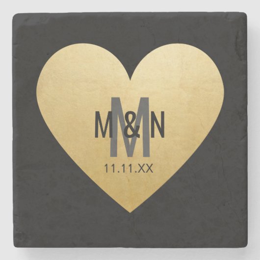 パーソナライズでモノグラムのな金ゴールドのハートの結婚式の引き出物 ストーンコースター (正面)