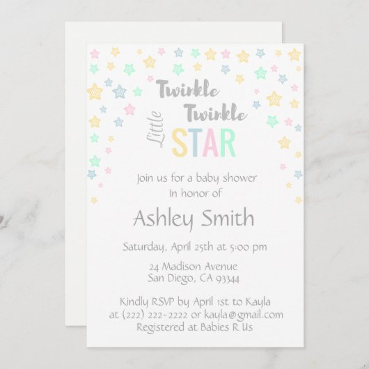 パーソナライズでユニセックスなきらめきのきらめきのベビーシャワー 招待状 (正面/裏面)