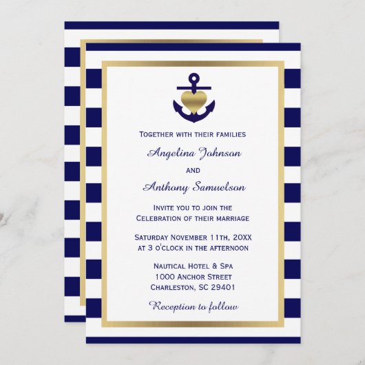 パーソナライズで上品で航海のな金ゴールド海軍結婚式 招待状 (正面/裏面)