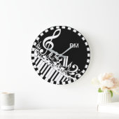 パーソナライズで乱雑な音符およびピアノ鍵 ラージ壁時計 (ホーム)