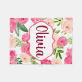 パーソナライズで白い水彩画の花柄毛布 フリースブランケット (正面(横))