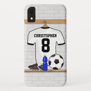 パーソナライズで白く黒いフットボールのサッカージャージー iPhone XRケース