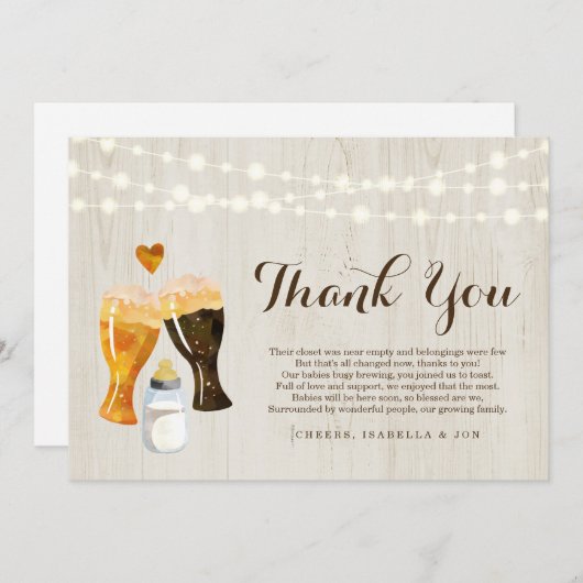 パーソナライズで素朴なベビーの醸造のベビーシャワーの双生児 サンキューカード (正面/裏面)