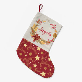 パーソナライズで自然で素朴なリースのシカ スモールクリスマスストッキング