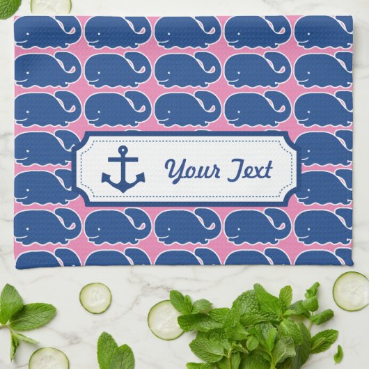 パーソナライズで航海のなシロナガスクジラのいかりパターン キッチンタオル (折り畳み)