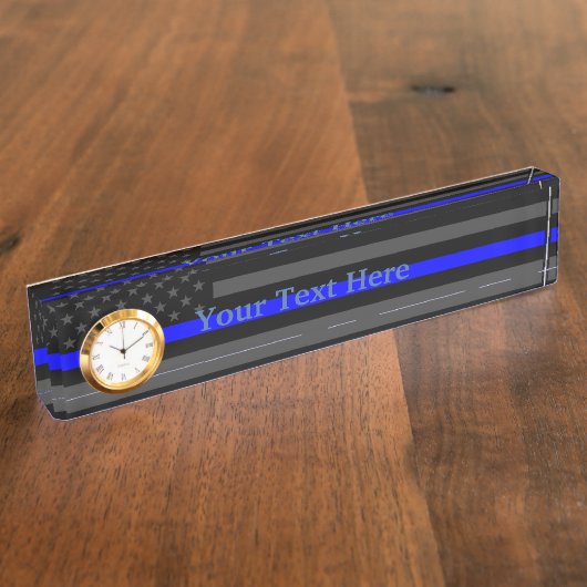 パーソナライズで薄いブルーライン米国旗の装飾 デスクネームプレート (側面)