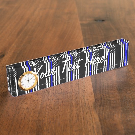 パーソナライズで薄いブルーライン米国旗 デスクネームプレート (側面)