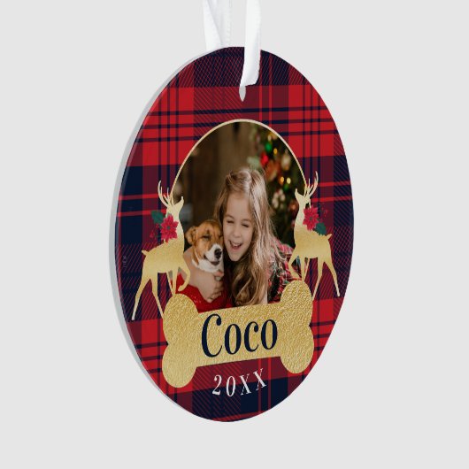 パーソナライズで赤いヒイラギの格子縞のトナカイペット写真 オーナメント (正面)