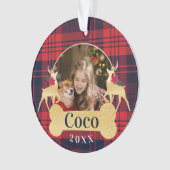 パーソナライズで赤いヒイラギの格子縞のトナカイペット写真 オーナメント (正面)