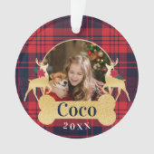 パーソナライズで赤いヒイラギの格子縞のトナカイペット写真 オーナメント (正面)