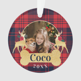 パーソナライズで赤いヒイラギの格子縞のトナカイペット写真 オーナメント