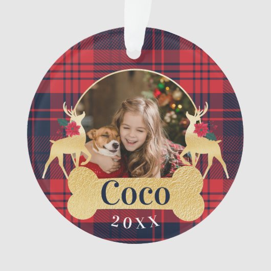 パーソナライズで赤いヒイラギの格子縞のトナカイペット写真 オーナメント (正面)