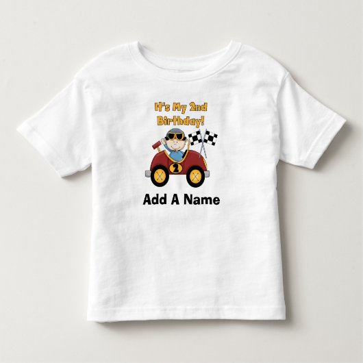 パーソナライズで赤いレースカーの第2誕生日のTシャツ トドラーTシャツ (正面)
