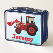 パーソナライズで赤い農場トラクター メタルランチボックス (裏面)