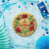 パーソナライズで赤い金ゴールドのメリークリスマスのリース ペーパープレート (パーティー)