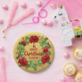パーソナライズで赤い金ゴールドのメリークリスマスのリース ペーパープレート (パーティー)