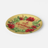 パーソナライズで赤い金ゴールドのメリークリスマスのリース ペーパープレート (アングル)