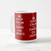 パーソナライズで赤いKeep Calm and Carry On コーヒーマグカップ (正面左)
