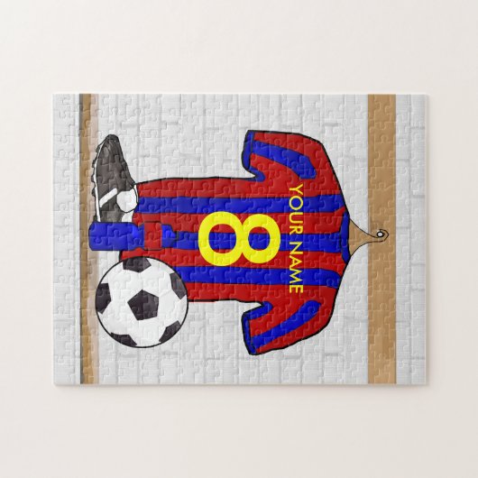 パーソナライズで赤くおよび青のフットボールのサッカージャージー ジグソーパズル (横)