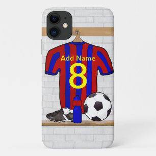 パーソナライズで赤くおよび青のフットボールのサッカージャージー iPhone 11 ケース