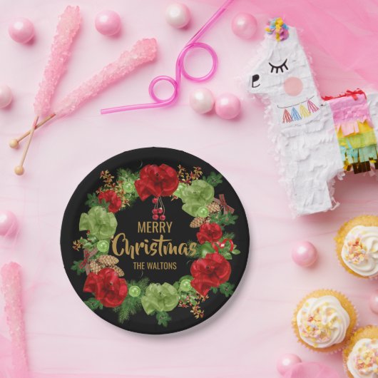 パーソナライズで赤く黒い金ゴールドのメリークリスマスのリース ペーパープレート (パーティー)