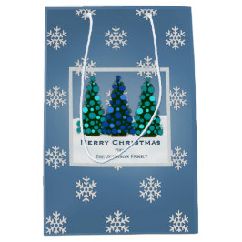 パーソナライズで青いクリスマスツリーのギフトバッグ ミディアムペーパーバッグ