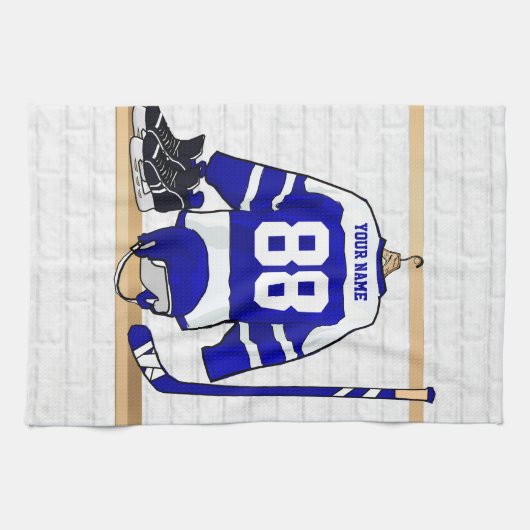 パーソナライズで青および白いアイスホッケージャージー キッチンタオル (横)
