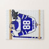 パーソナライズで青および白いアイスホッケージャージー ジグソーパズル (横)