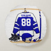 パーソナライズで青および白いアイスホッケージャージー ラウンドクッション (正面)
