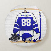 パーソナライズで青および白いアイスホッケージャージー ラウンドクッション (正面)