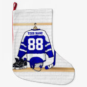 パーソナライズで青および白いアイスホッケージャージー ラージクリスマスストッキング (正面)